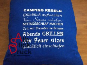 Kissen mit Aufdruck: Camping Regeln